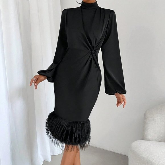 Black Preppy Womens Twist Front Fuzzy Trim Lantern Sleeve Dress - Picture 3 of 5